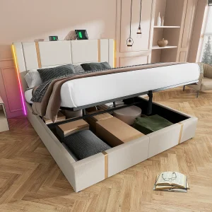 Bed met opbergruimte 160×200 cm – beige linnen – tweepersoonsbed met led-verlichting en USB-oplaadfunctie – zonder matras Bed met opbergruimte 160×200 cm – beige linnen – tweepersoonsbed met led-verlichting en USB-oplaadfunctie – zonder matras