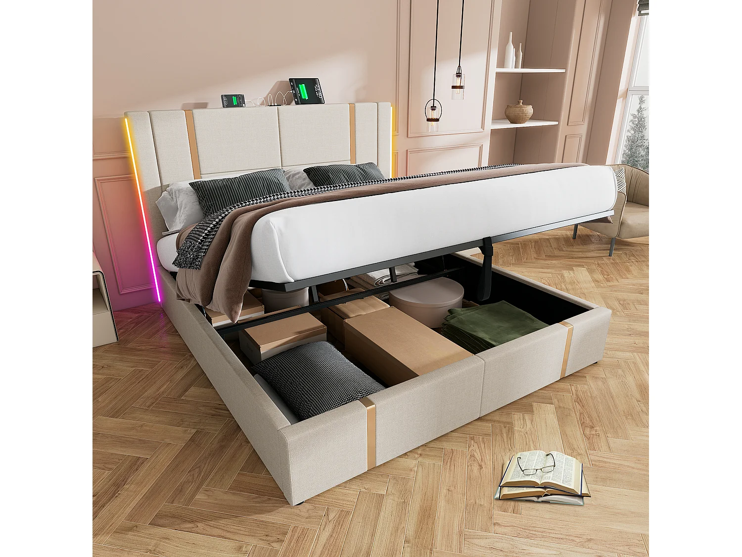 Bed met opbergruimte 160x200 cm - beige linnen - tweepersoonsbed met led-verlichting en USB-oplaadfunctie - zonder matras