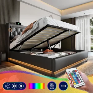 Bed met opbergruimte 160×200 cm – zwart PU – tweepersoonsbed met ledverlichting en USB-oplader – zonder matras Bed met opbergruimte 160×200 cm – zwart PU – tweepersoonsbed met ledverlichting en USB-oplader – zonder matras