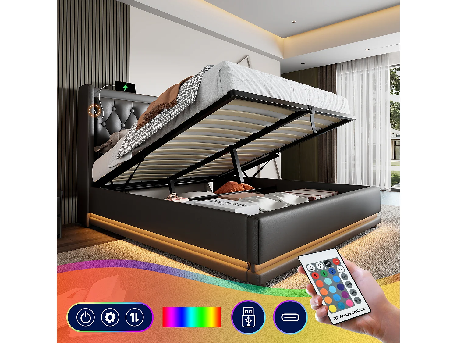 Bed met opbergruimte 160x200 cm - zwart PU - tweepersoonsbed met ledverlichting en USB-oplader - zonder matras