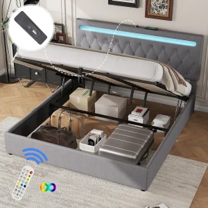Bed met opbergruimte 180×200 cm – Grijs linnen – Tweepersoonsbed met ledverlichting en USB-oplader – zonder bodem Bed met opbergruimte 180×200 cm – Grijs linnen – Tweepersoonsbed met ledverlichting en USB-oplader – zonder bodem