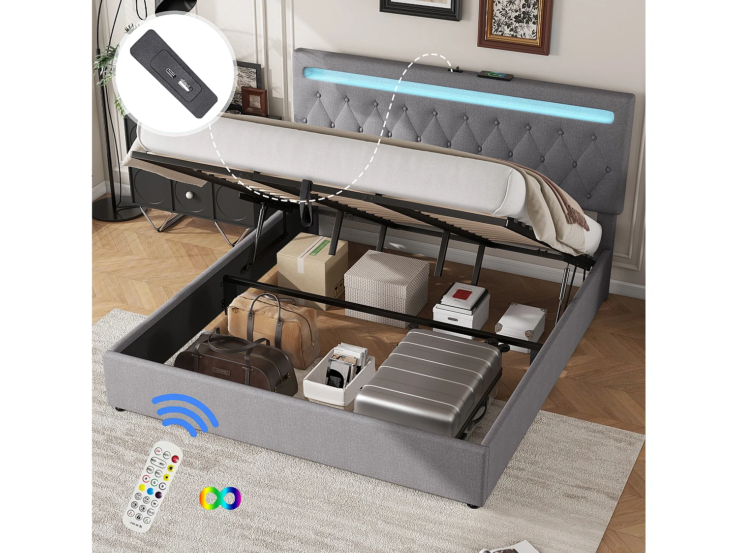 Bed met opbergruimte 180x200 cm - Grijs linnen - Tweepersoonsbed met ledverlichting en USB-oplader - zonder bodem