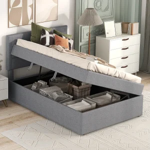 Bed met opbergruimte 90×200 cm – Grijs linnen – Kinderbed met gestoffeerd hoofdbord en lattenbodem – Zonder matras Bed met opbergruimte 90×200 cm – Grijs linnen – Kinderbed met gestoffeerd hoofdbord en lattenbodem – Zonder matras