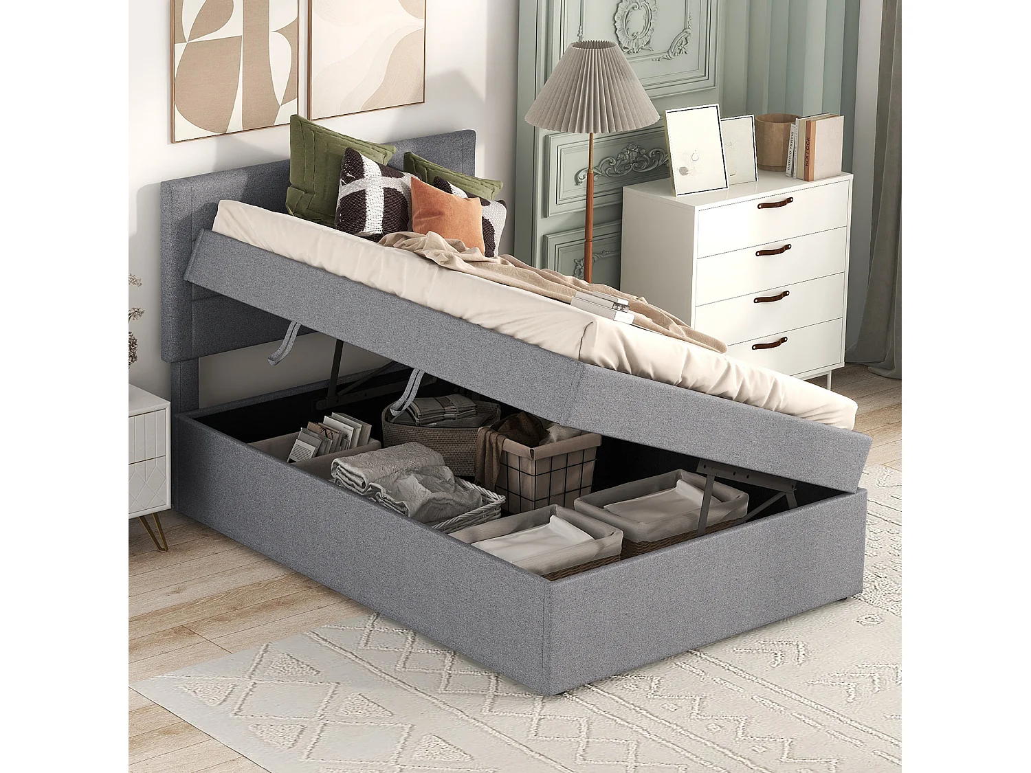 Bed met opbergruimte 90x200 cm - Grijs linnen - Kinderbed met gestoffeerd hoofdbord en lattenbodem - Zonder matras