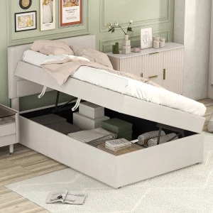 Bed met opbergruimte 90×200 cm – Beige linnen – Kinderbed met gestoffeerd hoofdbord en lattenbodem – Zonder matras Bed met opbergruimte 90×200 cm – Beige linnen – Kinderbed met gestoffeerd hoofdbord en lattenbodem – Zonder matras