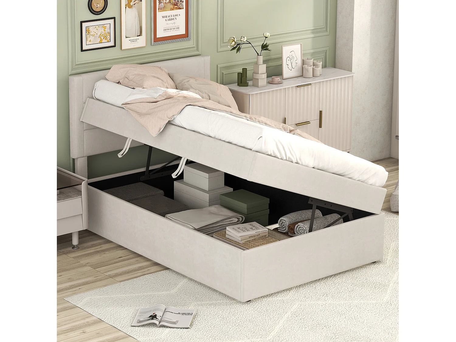 Bed met opbergruimte 90x200 cm - Beige linnen - Kinderbed met gestoffeerd hoofdbord en lattenbodem - Zonder matras