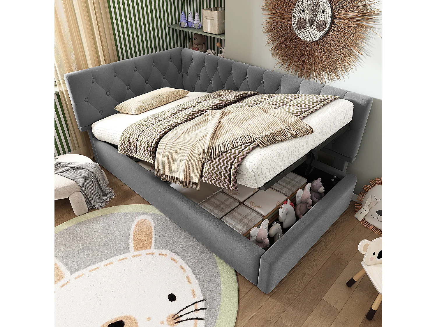 Bed met opbergruimte 90x200 cm - Fluwelen bed met houten lattenbodem - grijs - zonder matras
