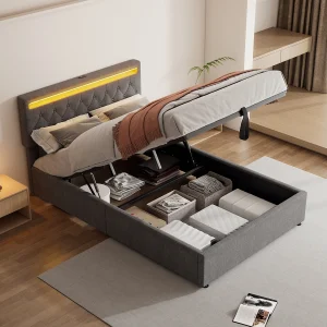Bed met opbergruimte 140×200 cm – Grijs linnen – Tienerbed met ledverlichting en USB-oplader – zonder bodem