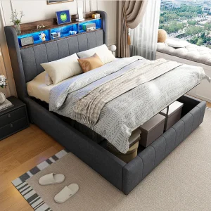Bed met opbergruimte 140×200 cm – linnengrijs – tweepersoonsbed met ledverlichting en USB-oplader – zonder matras