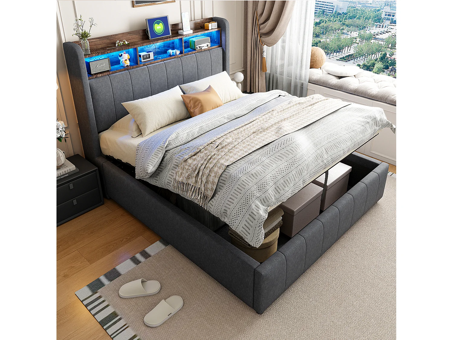 Bed met opbergruimte 140x200 cm - linnengrijs - tweepersoonsbed met ledverlichting en USB-oplader - zonder matras