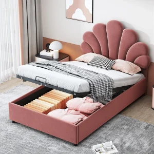 Bed met opbergruimte 90×200 cm – roze fluweel – kinderbed met verstelbaar hoofdbord en lattenbodem – zonder matras Bed met opbergruimte 90×200 cm – roze fluweel – kinderbed met verstelbaar hoofdbord en lattenbodem – zonder matras