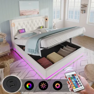 Bed met opbergruimte 160×200 cm – wit PU – tweepersoonsbed met ledverlichting en USB-oplader – zonder matras Bed met opbergruimte 160×200 cm – wit PU – tweepersoonsbed met ledverlichting en USB-oplader – zonder matras