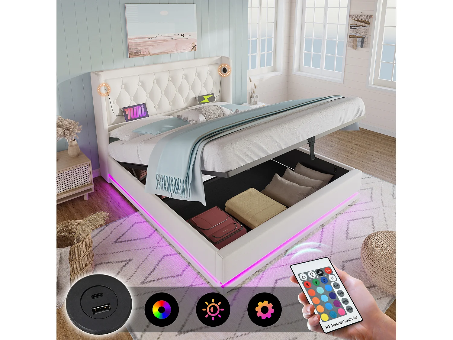 Bed met opbergruimte 160x200 cm - wit PU - tweepersoonsbed met ledverlichting en USB-oplader - zonder matras