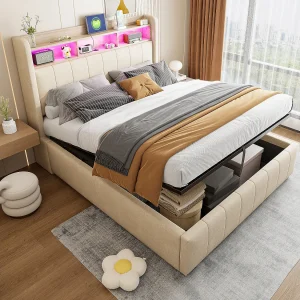 Bed met opbergruimte 140×200 cm – linnenbeige – tweepersoonsbed met ledverlichting en USB-oplader – zonder matras
