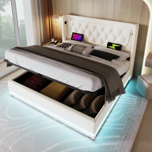Bed met opbergruimte 180×200 cm – wit PU – tweepersoonsbed met USB-oplader en ledverlichting – zonder matras Bed met opbergruimte 180×200 cm – wit PU – tweepersoonsbed met USB-oplader en ledverlichting – zonder matras