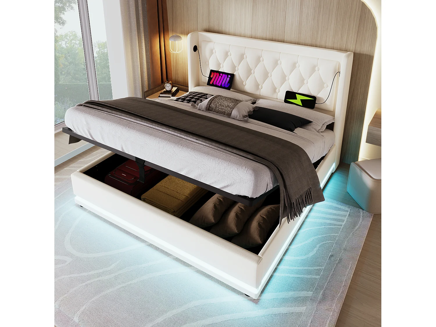 Bed met opbergruimte 180x200 cm - wit PU - tweepersoonsbed met USB-oplader en ledverlichting - zonder matras