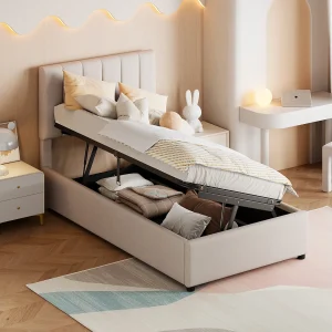 Bed met opbergruimte 90 x 200 cm – Beige linnen – Kinderbed met in hoogte verstelbaar hoofdeinde – houten lattenbodem – zonder matras Bed met opbergruimte 90 x 200 cm – Beige linnen – Kinderbed met in hoogte verstelbaar hoofdeinde – houten lattenbodem – zonder matras