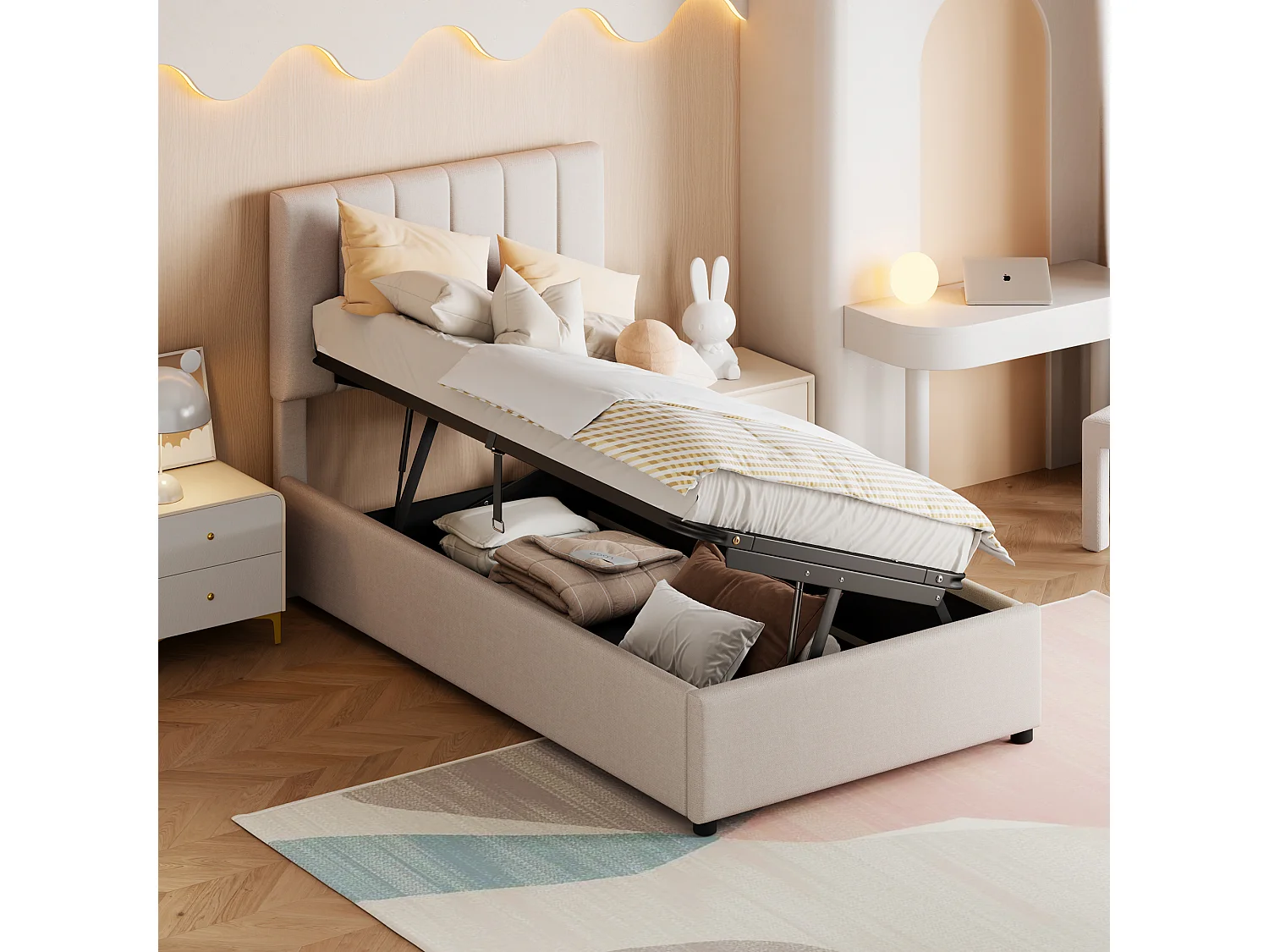 Bed met opbergruimte 90 x 200 cm - Beige linnen - Kinderbed met in hoogte verstelbaar hoofdeinde - houten lattenbodem - zonder matras