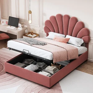 Bed met opbergruimte 140×200 cm – roze fluweel – volwassen bed met verstelbaar hoofdbord en lattenbodem – zonder matras Bed met opbergruimte 140×200 cm – roze fluweel – volwassen bed met verstelbaar hoofdbord en lattenbodem – zonder matras