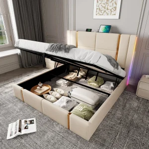 Bed met opbergruimte 180×200 cm – beige linnen – tweepersoonsbed met led-verlichting en USB-oplaadfunctie – zonder matras Bed met opbergruimte 180×200 cm – beige linnen – tweepersoonsbed met led-verlichting en USB-oplaadfunctie – zonder matras