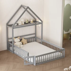 Bed 140×200 cm – Kinderbed met veiligheidsdeur en houten lattenbodem – grijs – zonder matras Bed 140×200 cm – Kinderbed met veiligheidsdeur en houten lattenbodem – grijs – zonder matras
