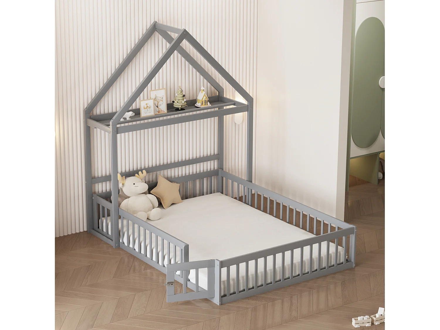 Bed 140x200 cm - Kinderbed met veiligheidsdeur en houten lattenbodem - grijs - zonder matras