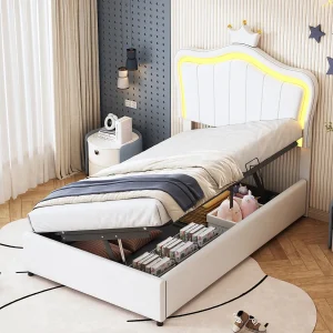 Bed met opbergruimte 90×200 cm – Wit kunstleer – Kinderbed met verstelbaar hoofdbord en lattenbodem – LED-verlichting – zonder matras Bed met opbergruimte 90×200 cm – Wit kunstleer – Kinderbed met verstelbaar hoofdbord en lattenbodem – LED-verlichting – zonder matras
