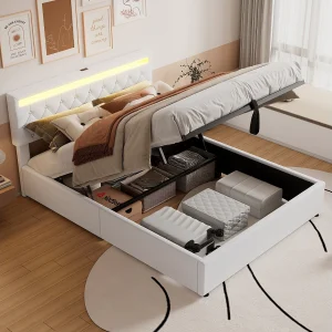 Bed met opbergruimte 160×200 cm – Wit linnen – Volwassen bed met ledverlichting en USB-oplader – zonder bodem Bed met opbergruimte 160×200 cm – Wit linnen – Volwassen bed met ledverlichting en USB-oplader – zonder bodem