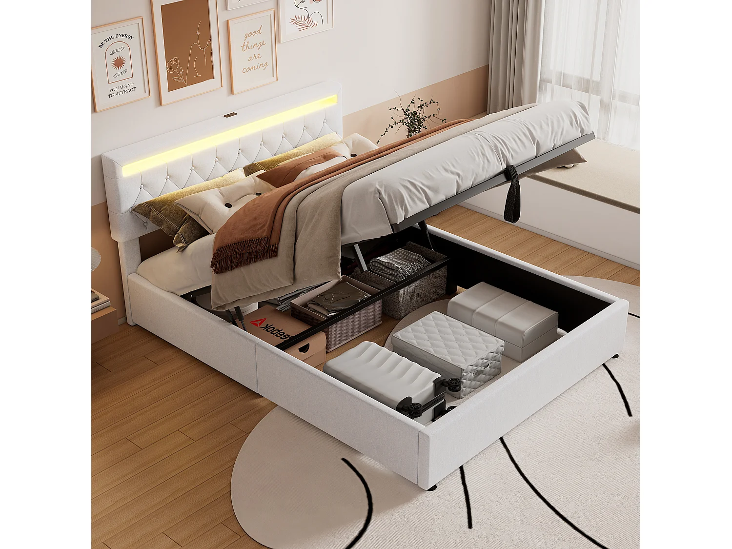 Bed met opbergruimte 160x200 cm - Wit linnen - Volwassen bed met ledverlichting en USB-oplader - zonder bodem