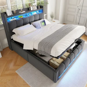 Bed met opbergruimte 140 x 200 cm – Grijs linnen – Bed met ledverlichting en USB-aansluitingen – zonder matras Bed met opbergruimte 140 x 200 cm – Grijs linnen – Bed met ledverlichting en USB-aansluitingen – zonder matras