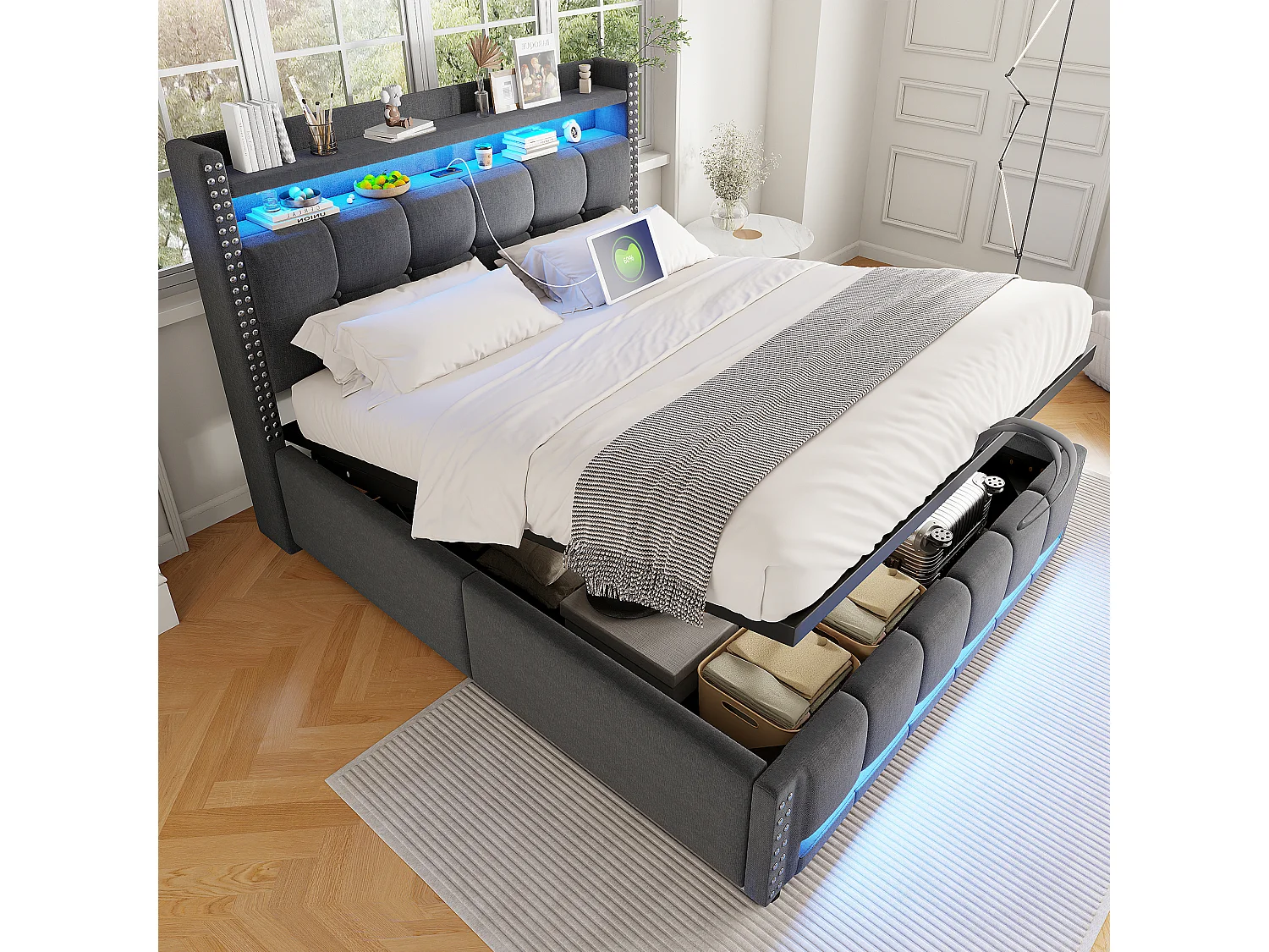 Bed met opbergruimte 140 x 200 cm - Grijs linnen - Bed met ledverlichting en USB-aansluitingen - zonder matras