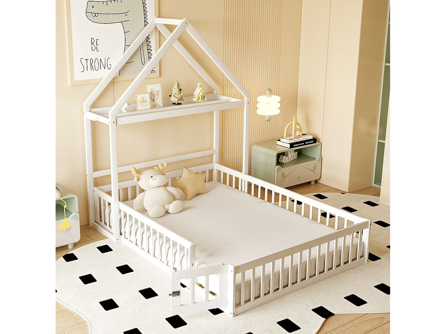 Bed 140x200 cm - Kinderbed met veiligheidsdeur en houten lattenbodem - wit - zonder matras