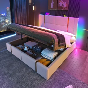 Bed met opbergruimte 140×200 cm – beige linnen – volwassen bed met led-verlichting en USB-oplaadfunctie – zonder matras