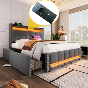 Bed met lades 140 x 200 cm – Grijs linnen – Gestoffeerd bed met ledverlichting en USB-aansluiting – 4 lades – zonder matras Bed met lades 140 x 200 cm – Grijs linnen – Gestoffeerd bed met ledverlichting en USB-aansluiting – 4 lades – zonder matras
