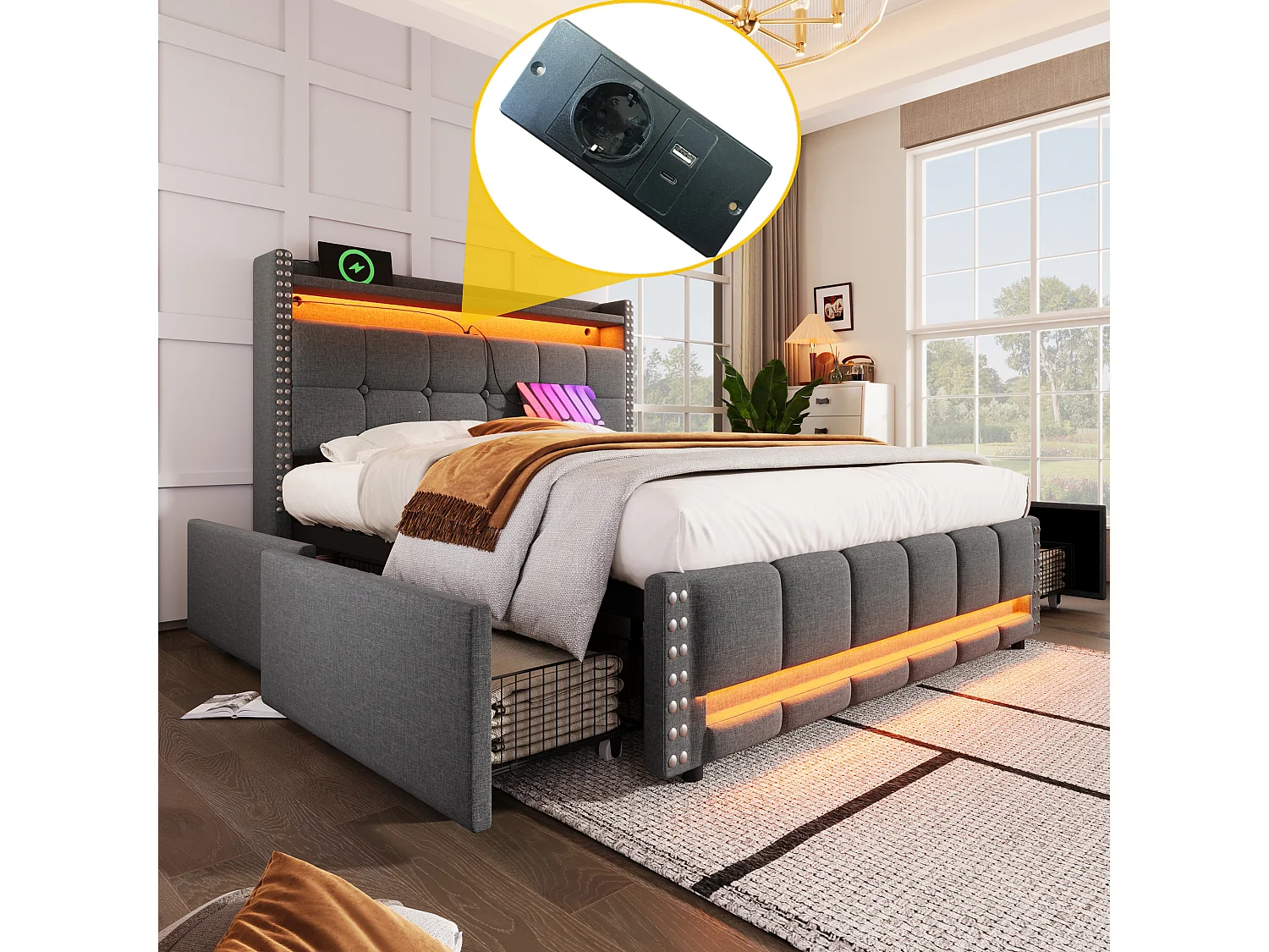 Bed met lades 140 x 200 cm - Grijs linnen - Gestoffeerd bed met ledverlichting en USB-aansluiting - 4 lades - zonder matras