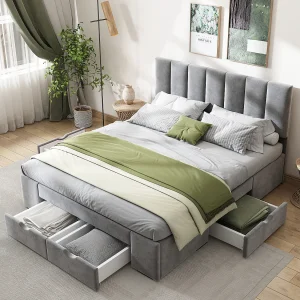 Bed 140×200 cm – grijs fluweel – gestoffeerd bed met 4 lades en verstelbaar hoofdeinde – zonder matras Bed 140×200 cm – grijs fluweel – gestoffeerd bed met 4 lades en verstelbaar hoofdeinde – zonder matras