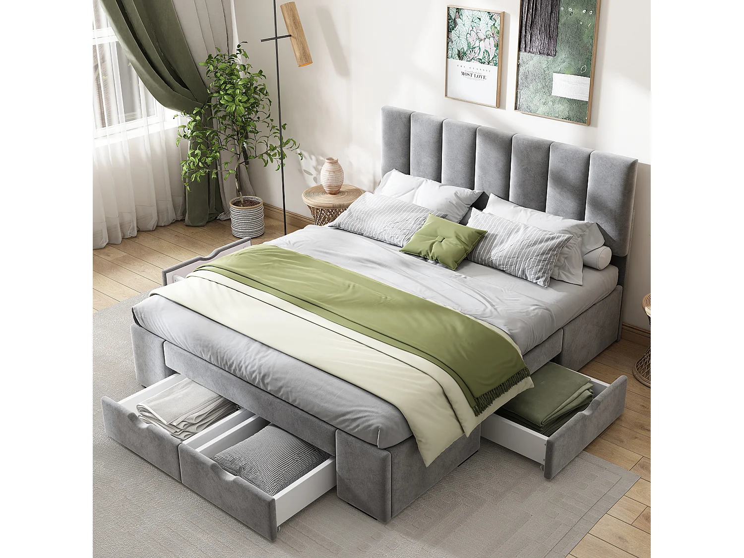 Bed 140x200 cm - grijs fluweel - gestoffeerd bed met 4 lades en verstelbaar hoofdeinde - zonder matras