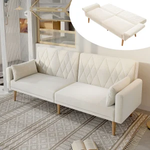 Beige relaxbank – Bank met houten poten en armleuningen – geschikt voor woonkamer en slaapkamer Beige relaxbank – Bank met houten poten en armleuningen – geschikt voor woonkamer en slaapkamer