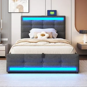 Bed met opbergruimte 90*200 cm, met USB-poort en LED-strip met variabele kleur, grijs, linnen Bed met opbergruimte 90*200 cm, met USB-poort en LED-strip met variabele kleur, grijs, linnen