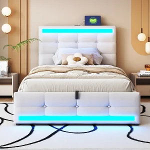 Bed met opbergruimte 90*200 cm, met USB-poort en LED-strip met variabele kleur, beige, linnen Bed met opbergruimte 90*200 cm, met USB-poort en LED-strip met variabele kleur, beige, linnen