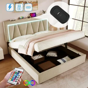 Bed met opbergruimte 160 x 200 cm – Beige linnen – Volwassen bed met USB-oplader en ledverlichting – Metalen frame – Matras niet inbegrepen