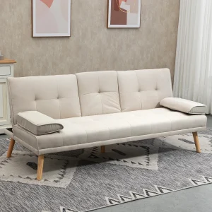 Beige 3-zitsbank – Bank met opklapbare tafel en bekerhouder – Verstelbare rugleuning Beige 3-zitsbank – Bank met opklapbare tafel en bekerhouder – Verstelbare rugleuning