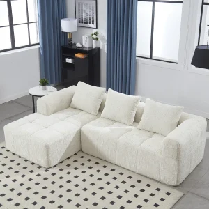 Beige hoekbank – met opbergvakken en 3 kussens – chenille – met chaise longue en armleuningen Beige hoekbank – met opbergvakken en 3 kussens – chenille – met chaise longue en armleuningen
