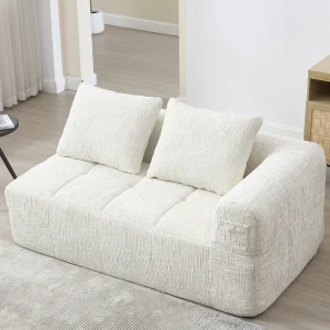Beige 2-zitsbank – Rechte bank met kussens en opbergvakken – chenille – sneeuwpatroon Beige 2-zitsbank – Rechte bank met kussens en opbergvakken – chenille – sneeuwpatroon