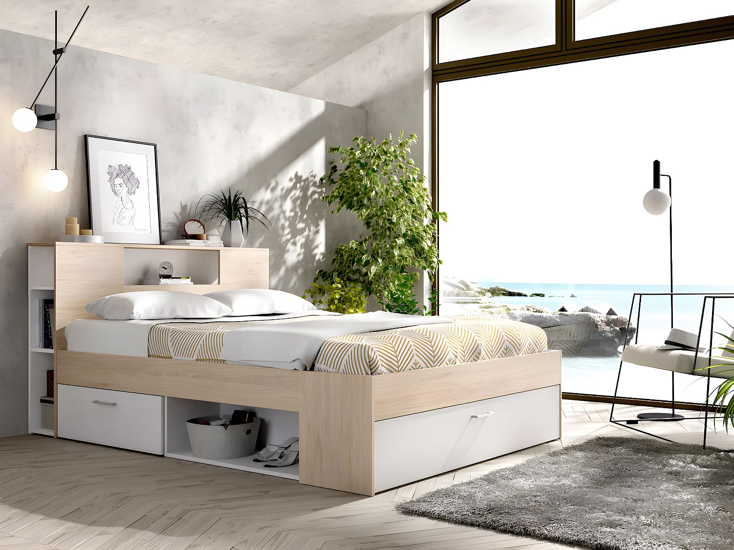 Bed en hoofdeinde met opbergruimtes en laden - 140 x 190 cm - Koop nu goedkoop online