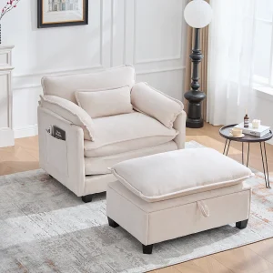 Beige rechte bank – Bank met zijzakken en opbergvoetenbank – voor woonkamer en slaapkamer Beige rechte bank – Bank met zijzakken en opbergvoetenbank – voor woonkamer en slaapkamer