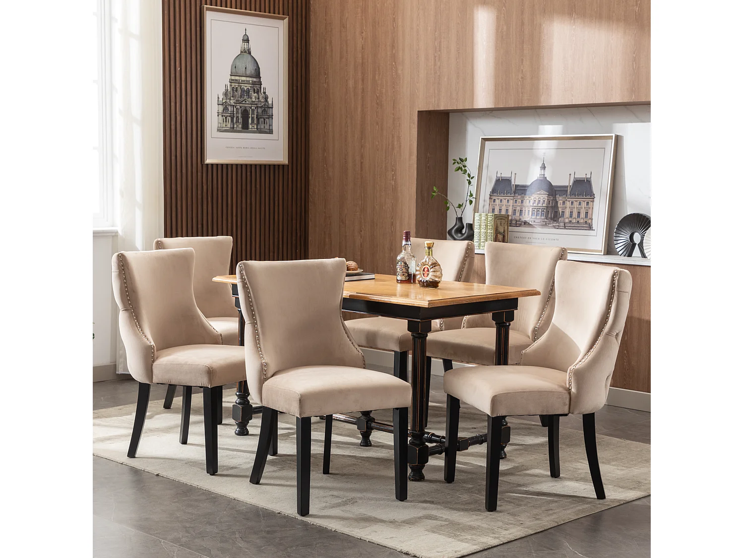 Beige fluwelen stoel met gecapitonneerde rugleuning, massief houten poten, 4 poten, set van 6 stoelen (50x41x91 cm)
