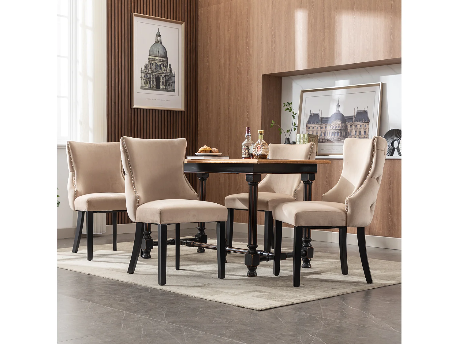 Beige fluwelen stoel met gecapitonneerde rugleuning, massief houten poten, set van 4 stoelen (50x41x91 cm)