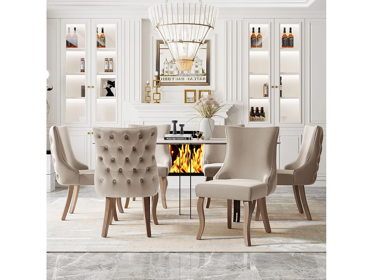 Beige fluwelen eetkamerstoel met decoratieve spijkers en massief houten poten (55x61x91 cm)