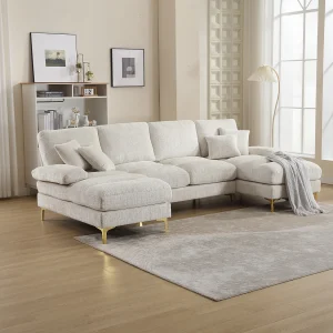 Beige hoekbank – 4-zitsbank met zitting en kussens – voor woonkamer en slaapkamer Beige hoekbank – 4-zitsbank met zitting en kussens – voor woonkamer en slaapkamer